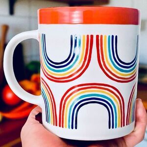 NWT prima design Rainbow Pride White Orange Rim & Blue,Yellow Ceramic Coffee Mug
